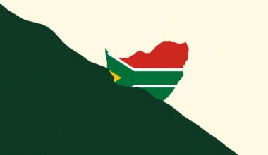 A minimalist, abstract illustration featuring bold geometric shapes in primary colors, conceptually representing the decline in South Africa
