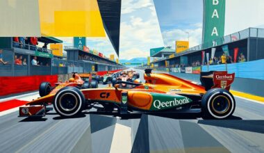 A cubist, geometric painting depicting a Formula One race, with the cars and track broken down into sharp, overlapping planes of color and shape, conveying the complex and multifaceted nature of the ongoing discussion around the sport