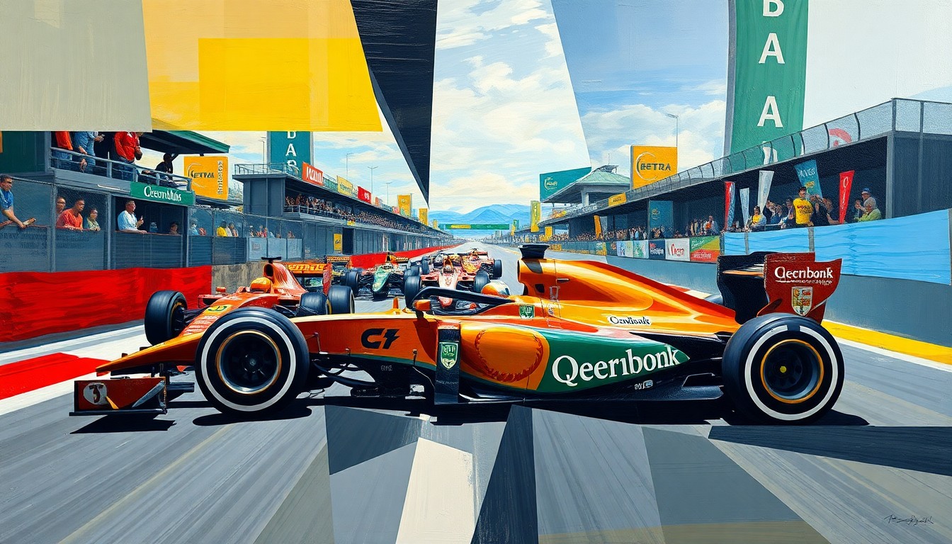 A cubist, geometric painting depicting a Formula One race, with the cars and track broken down into sharp, overlapping planes of color and shape, conveying the complex and multifaceted nature of the ongoing discussion around the sport