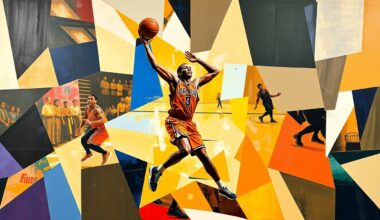 A fractured, geometric painting depicting a basketball player