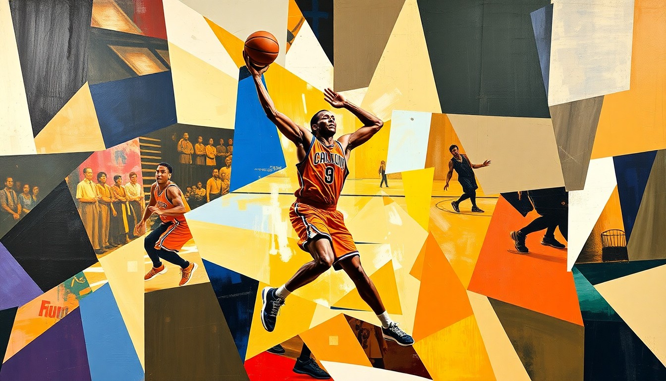 A fractured, geometric painting depicting a basketball player
