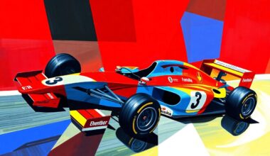 A cubist, geometric painting depicting two Formula 1 cars racing side-by-side, with the number 3 prominently featured on the side of one car, representing the meaningful gesture of a driver adopting his former teammate