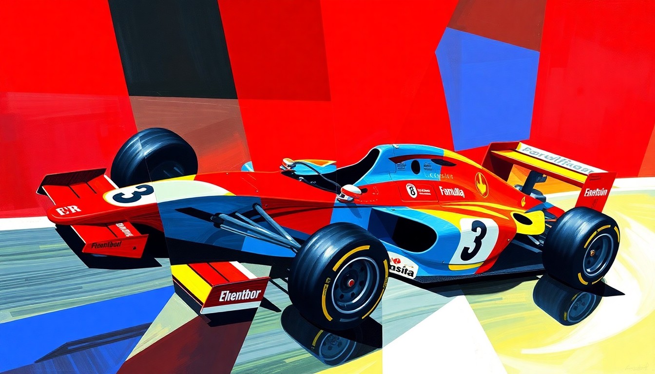 A cubist, geometric painting depicting two Formula 1 cars racing side-by-side, with the number 3 prominently featured on the side of one car, representing the meaningful gesture of a driver adopting his former teammate