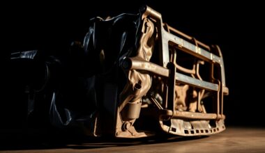 An abstract close-up photograph of crumpled, twisted metal NASCAR truck parts in high-contrast studio lighting, conveying the drama and aftermath of Frankie Muniz