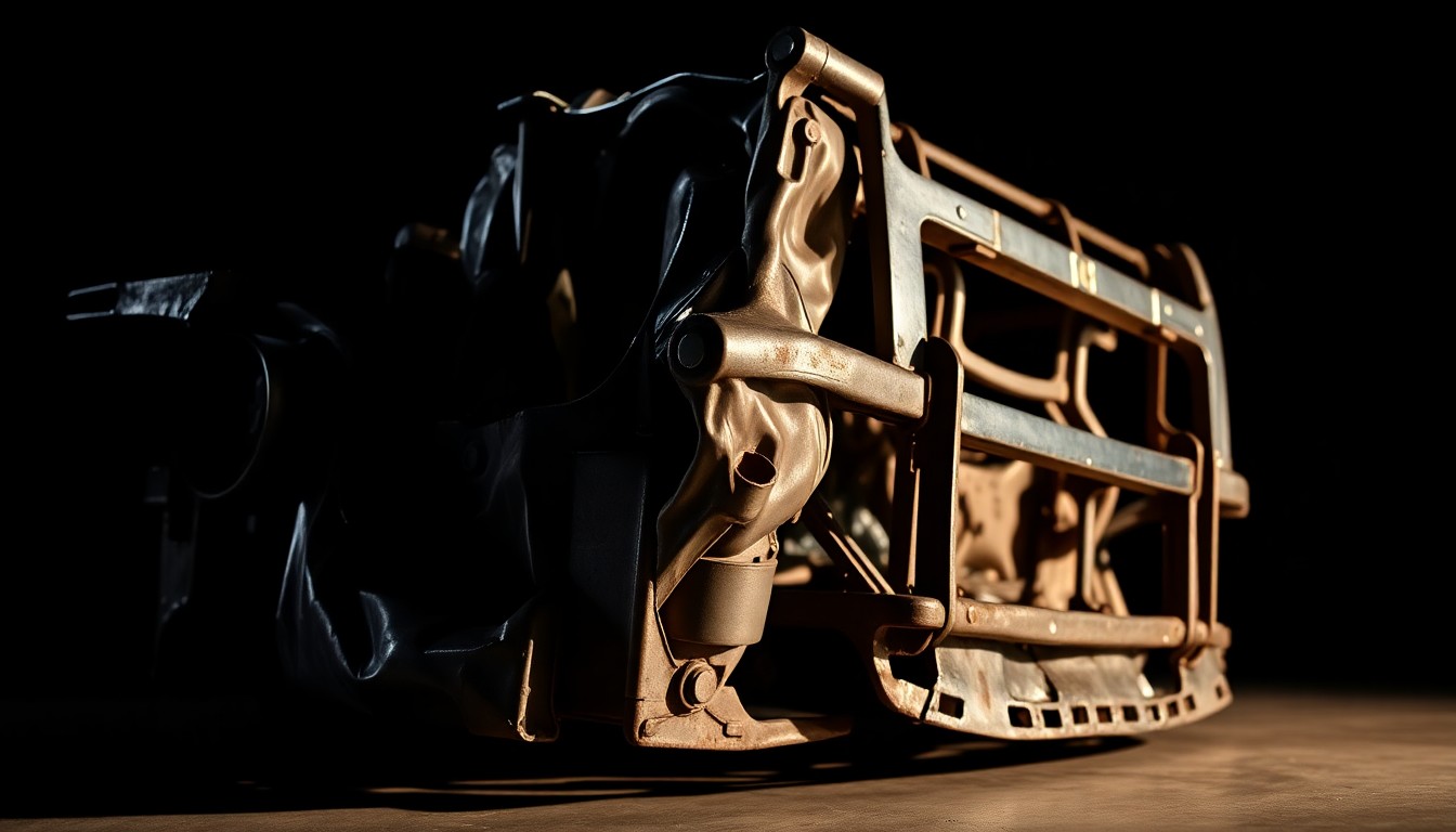 An abstract close-up photograph of crumpled, twisted metal NASCAR truck parts in high-contrast studio lighting, conveying the drama and aftermath of Frankie Muniz