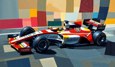 A cubist, geometric painting depicting a Formula 1 car in motion, with the vehicle