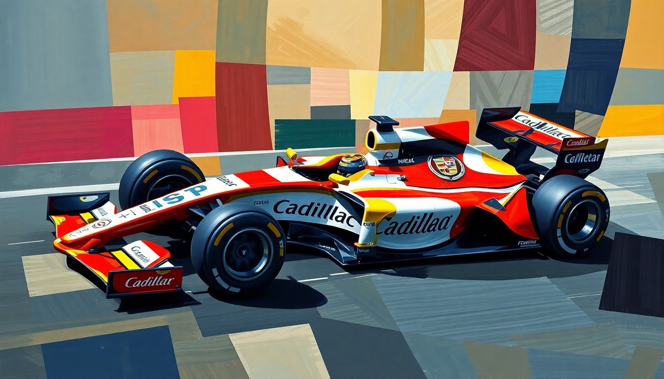A cubist, geometric painting depicting a Formula 1 car in motion, with the vehicle