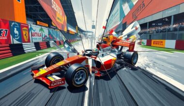 A fragmented, geometric painting depicting the chaotic moments of a high-speed Formula 1 crash, with the car