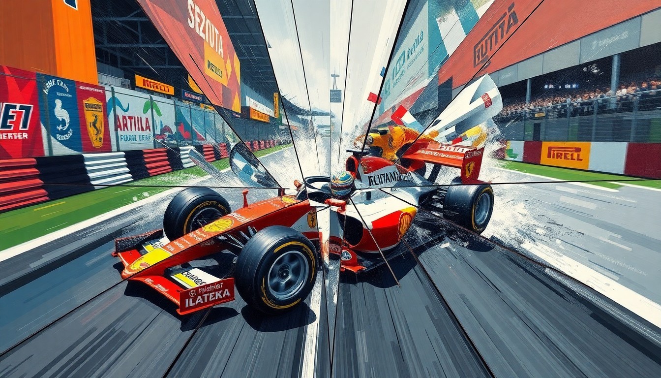 A fragmented, geometric painting depicting the chaotic moments of a high-speed Formula 1 crash, with the car