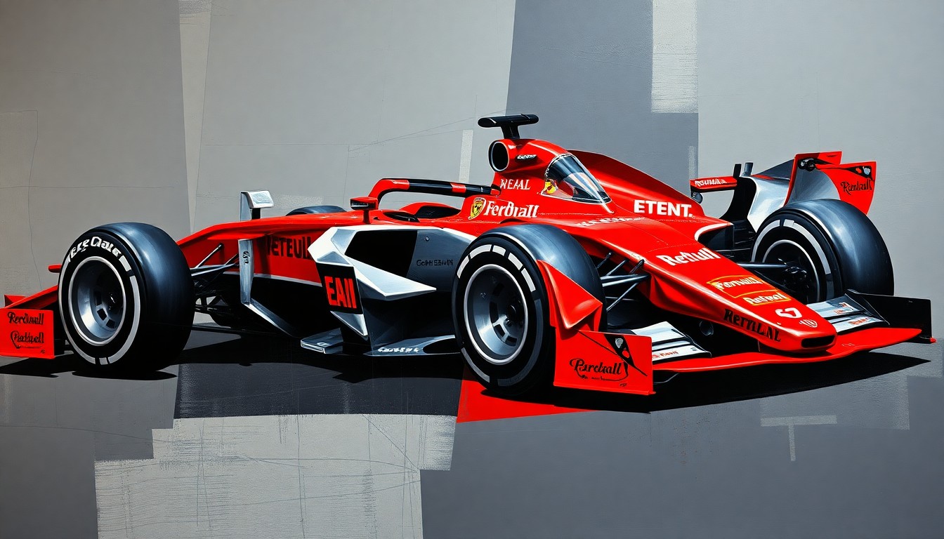 A cubist, geometric illustration depicting the fragmented forms of a Formula 1 race car, representing the transition Prema Racing is undergoing after the exit of the Rosin family.
