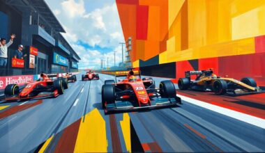 A cubist, geometric painting depicting a Formula 1 race, with the cars and track broken down into sharp, overlapping planes of color, conveying the sport