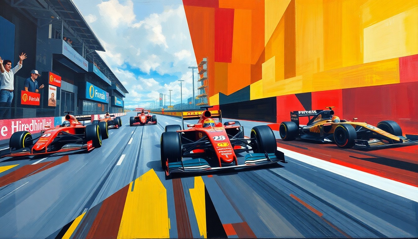 A cubist, geometric painting depicting a Formula 1 race, with the cars and track broken down into sharp, overlapping planes of color, conveying the sport