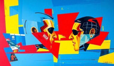 A cubist, geometric painting depicting the confrontation between two NASCAR drivers, with sharp planes of red, blue, and yellow overlapping to create a fractured, multi-perspective scene.
