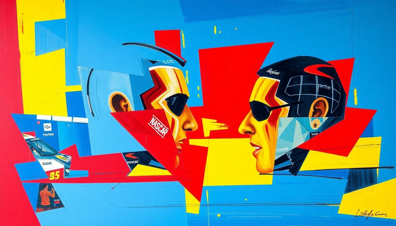 A cubist, geometric painting depicting the confrontation between two NASCAR drivers, with sharp planes of red, blue, and yellow overlapping to create a fractured, multi-perspective scene.