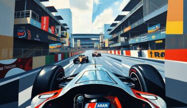 A cubist, geometric painting depicting a fragmented Formula 1 race, with sharp, overlapping planes of color and form conveying the tension between innovation and the visceral experience of driving.