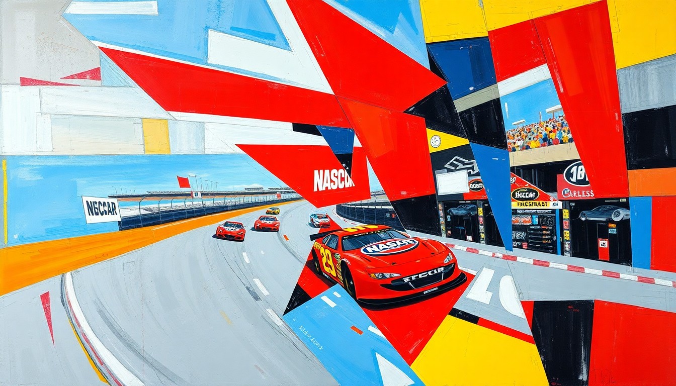 A fractured, multi-perspective painting in bold, vibrant colors, breaking down a NASCAR race scene into sharp, overlapping geometric shapes and planes, conceptually representing the disruption caused by the pre-race inspection failures.