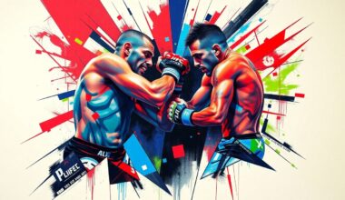 A fragmented, geometric painting depicting the intense action of a mixed martial arts fight, with sharp planes of color and overlapping perspectives capturing the raw energy of the matchup.