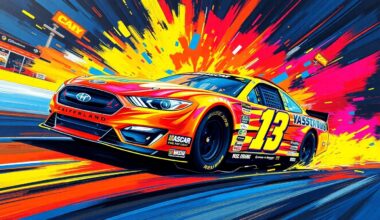 An abstract, energetic painting with vibrant neon brushstrokes and shapes, capturing the raw power and movement of a NASCAR race, representing the unique journey of Cleetus McFarland