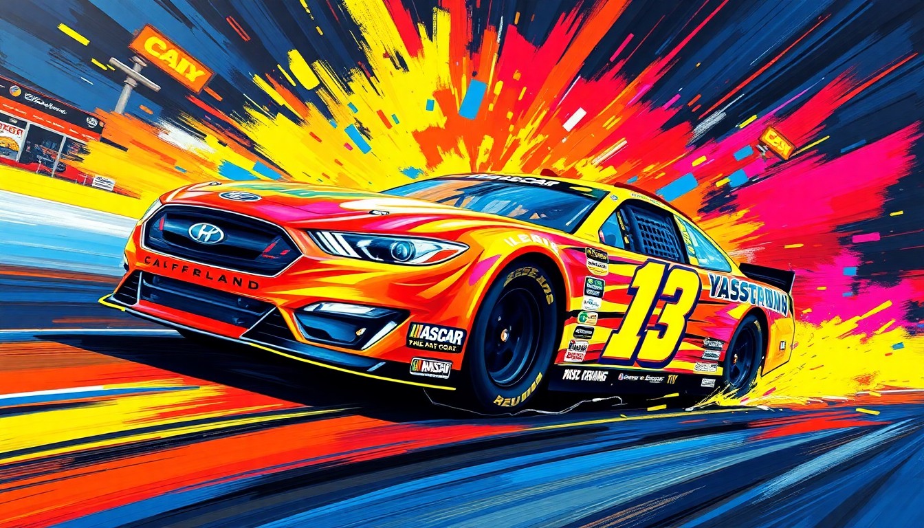 An abstract, energetic painting with vibrant neon brushstrokes and shapes, capturing the raw power and movement of a NASCAR race, representing the unique journey of Cleetus McFarland