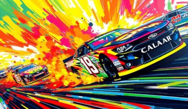 A vibrant, energetic painting featuring bold, sweeping brushstrokes in neon shades of red, orange, and blue, capturing the intense motion and action of NASCAR race cars battling on the Bristol Motor Speedway track.