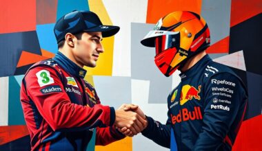 A cubist, geometric painting depicting the handshake between two Formula 1 drivers, with the number 3 prominently featured in their team