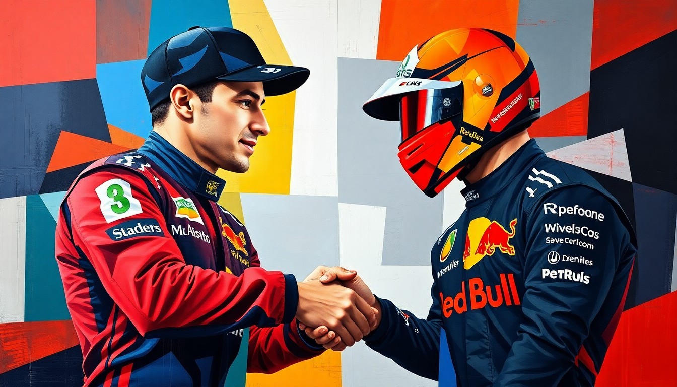 A cubist, geometric painting depicting the handshake between two Formula 1 drivers, with the number 3 prominently featured in their team