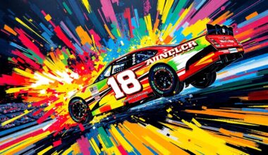 An abstract expressionist painting in neon colors, with rapid brushstrokes capturing the intense movement and excitement of a NASCAR race. The image evokes the thrill and triumph of Ty Gibbs