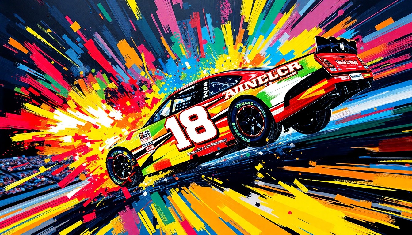 An abstract expressionist painting in neon colors, with rapid brushstrokes capturing the intense movement and excitement of a NASCAR race. The image evokes the thrill and triumph of Ty Gibbs