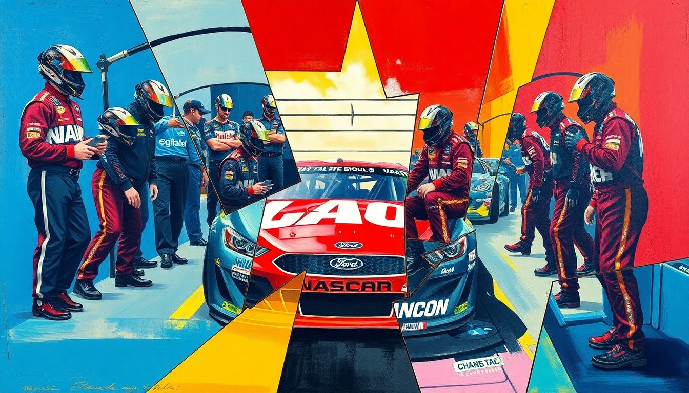 A cubist-style painting depicting a NASCAR pit crew and race car broken down into sharp, overlapping geometric shapes in vibrant colors, conveying the complex dynamics and tensions within the sport.