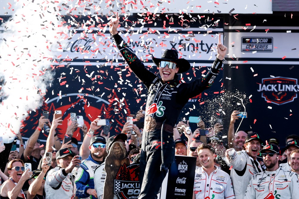 Carson Hocevar celebrates after winning a NASCAR Cup Series auto race, Sunday, April 26, 2026, in Talladega, Ala. (AP Photo/Butch Dill)