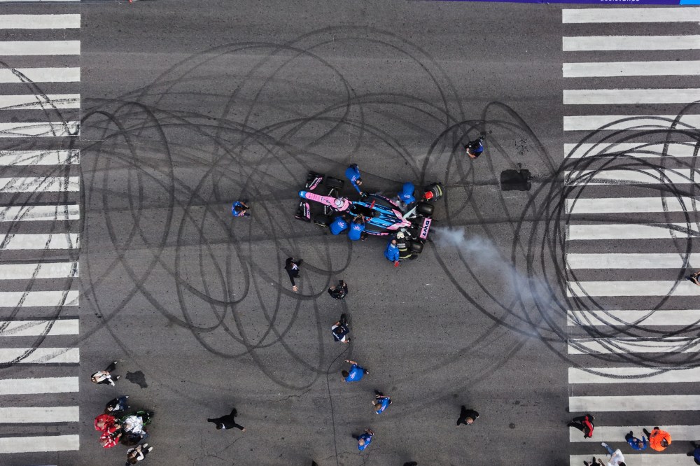 Argentine Alpine Formula 1 driver Franco Colapinto drives during a demonstration run in Buenos Aires, Argentina, Sunday, April 26, 2026. (AP Photo/Rodrigo Abd)