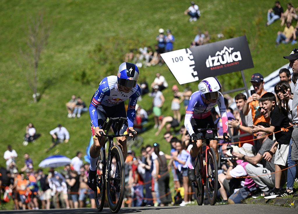 Team Red Bull-Bora-Hansgrohe Slovenian Primoz Roglic (L) competes in the first stage of the Basque Country's Itzulia cycling tour, a 13.8 km time trial in Bilbao on April 6, 2026. (Photo by ANDER GILLENEA / AFP)