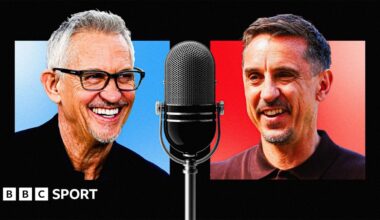 An image of Gary Lineker taking into a microphone with an image of Gary Neville speaking into a microphone below that