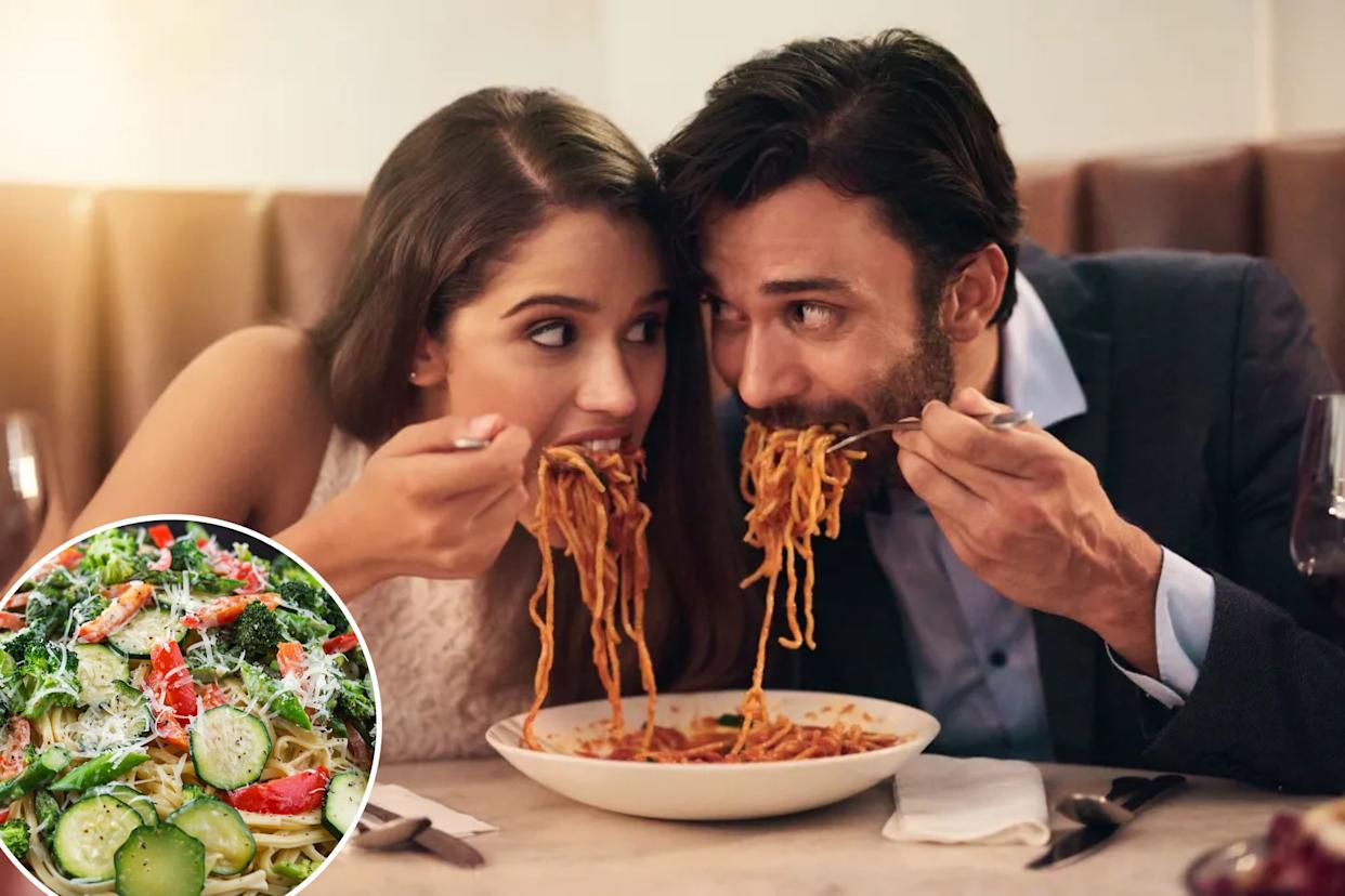 An image collage containing 2 images, Image 1 shows A couple sharing a plate of spaghetti on a date, eating strands of pasta from opposite sides of the bowl, Image 2 shows Bowl of pasta primavera with linguine, broccoli, asparagus, red bell pepper, zucchini, and grated cheese, with Italian bread in the background
