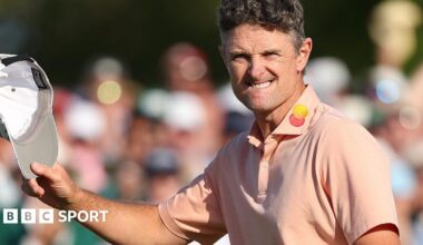 Justin Rose acknowledges the fans after finishing runner-up to Rory McIlroy at the 2025 Masters