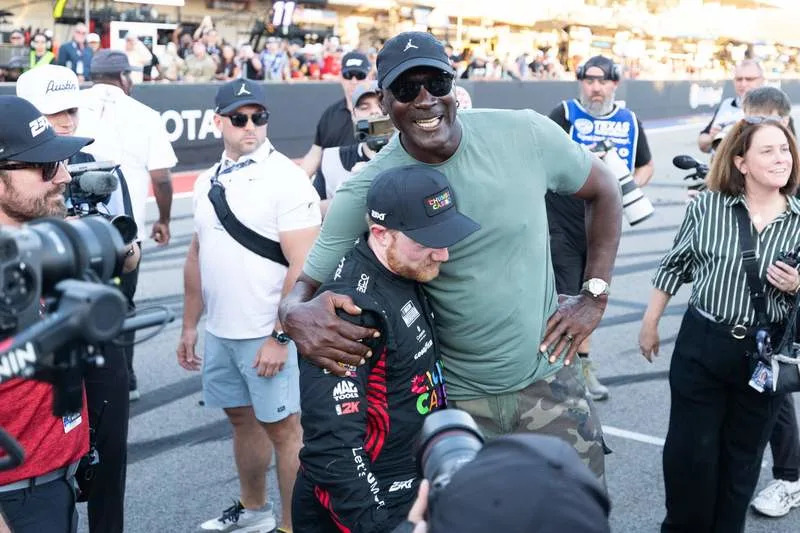 AUSTIN, TX – MARCH 01: Michael Jordon celebrates with Tyler Reddick 45 23XI Racing Chumba Casino Toyota after Reddick won the the NASCAR, Motorsport, USA Cup Series DuraMAX Texas Grand Prix on March 1, 2026 at Circuit of the Americas in Austin, TX. Photo by Karl Anderson/Icon Sportswire AUTO: MAR 01 NASCAR Cup Series DuraMAX Texas Grand Prix EDITORIAL USE ONLY Icon272260301058