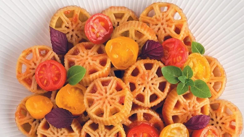Barilla Racing Wheels pasta with cherry tomatoes in a white bowl