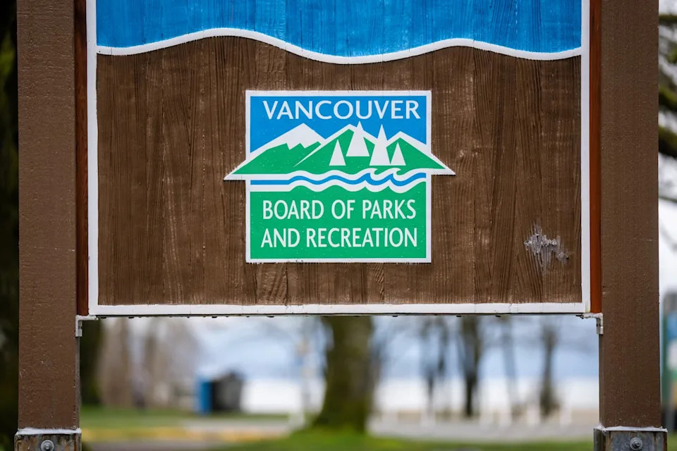 A sign for the Vancouver Park Board is seen at Spanish Banks beach in Vancouver, British Columbia, on Tuesday, Mar. 17, 2026.