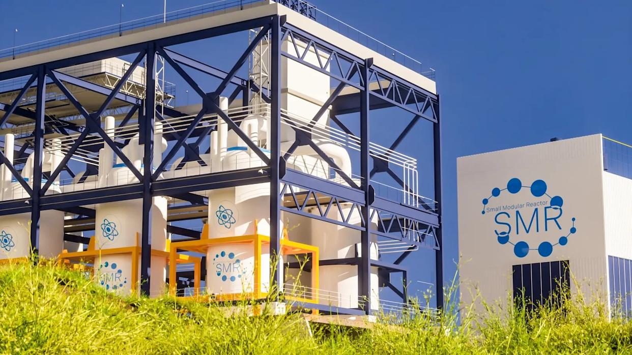 An SMR plant with a blue sky and green grass. 