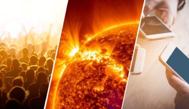 three panel image on the left is a crowd of people, in the center is the sun and on the right is a close up view of people holding phones.
