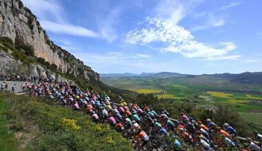 LEKUNBERRI, SPAIN - APRIL 07: A general view of the peloton climbing to the Etxauri (412m) during the 65th Itzulia Basque Country 2026, Stage 2 a 164.1km from Pamplona-Iruna to Lekunberri 757m / #UCIWT / on April 07, 2026 in Lekunberri, Spain. (Photo by Tim de Waele/Getty Images)