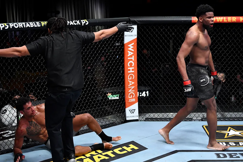 LAS VEGAS, NEVADA - MARCH 06: Kennedy Nzechukwu of Nigeria reacts after his victory over Carlos Ulberg of New Zealand in their light heavyweight fight during the UFC 259 event at UFC APEX on March 06, 2021 in Las Vegas, Nevada. (Photo by Jeff Bottari/Zuffa LLC)