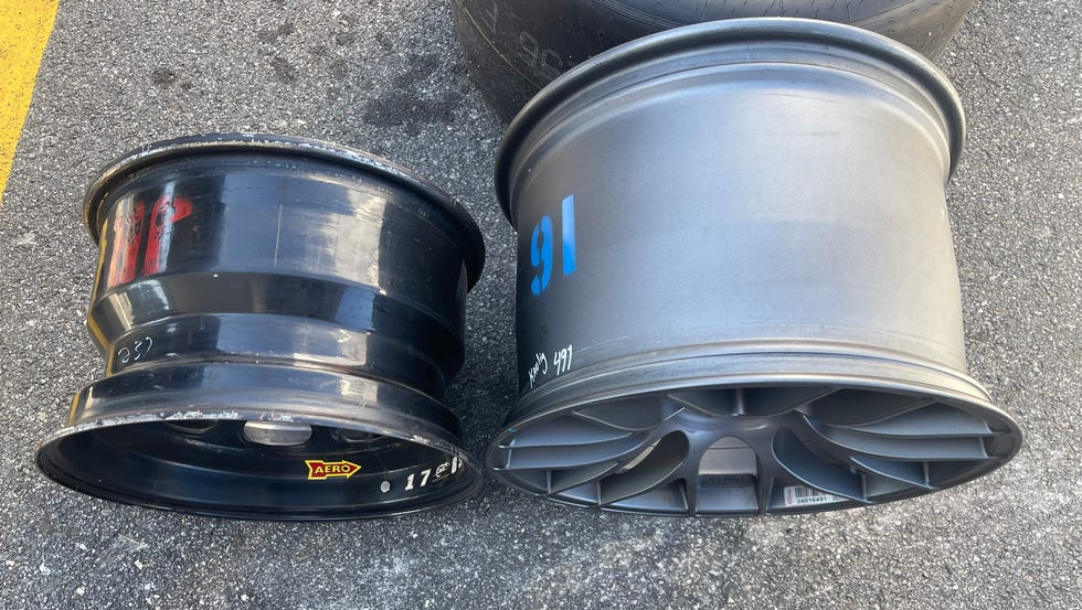 two car wheels placed on a flat surface
