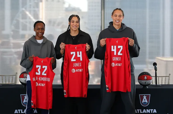 ATLANTA, GEORGIA - FEBRUARY 04: Shatori Walker-Kimbrough #32, Brionna Jones #24 and Brittney Griner #42 pose with their jerseys during a press conference after being introduced as new free agent signings for the Atlanta Dream at Ventanas on February 04, 2025 in Atlanta, Georgia. NOTE TO USER: User expressly acknowledges and agrees that, by downloading and or using this photograph, User is consenting to the terms and conditions of the Getty Images License Agreement. (Photo by Kevin C. Cox/Getty Images)