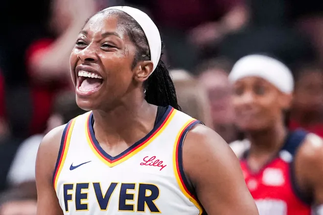 Indiana Fever guard Aari McDonald (2) celebrates Tuesday, June 3, 2025, during a game between the Indiana Fever and the Washington Mystics at Gainbridge Fieldhouse in Indianapolis.