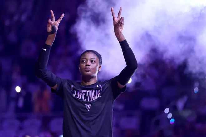 SAN FRANCISCO, CALIFORNIA - MAY 16: Temi Fagbenle #14 of the Golden State Valkyries is introduced to the crowd before their game against the Los Angeles Sparks at Chase Center on May 16, 2025 in San Francisco, California. Tonight is the Valkyries first home game in their inaugural season. NOTE TO USER: User expressly acknowledges and agrees that, by downloading and or using this Photograph, user is consenting to the terms and conditions of the Getty Images License Agreement. (Photo by Ezra Shaw/Getty Images)