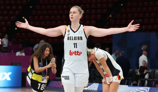 Belgium's Emma Meesseman celebrates after winning a basketball match between Belgian national team 'the Belgian Cats' and Italy, in the semi-finals of the FIBA Women's EuroBasket tournament, Friday 27 June 2025 in Piraeus, Greece. BELGA PHOTO VIRGINIE LEFOUR (Photo by VIRGINIE LEFOUR / BELGA MAG / Belga via AFP) (Photo by VIRGINIE LEFOUR/BELGA MAG/AFP via Getty Images)