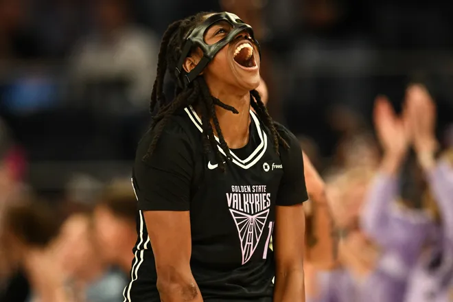 SAN FRANCISCO, CALIFORNIA - JULY 25: Tiffany Hayes #15 of the Golden State Valkyries reacts after a play against the Dallas Wings during the second half at Chase Center on July 25, 2025 in San Francisco, California. NOTE TO USER: User expressly acknowledges and agrees that, by downloading and or using this photograph, User is consenting to the terms and conditions of the Getty Images License Agreement. (Photo by Thien-An Truong/Getty Images)