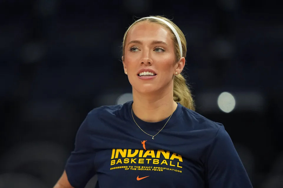 Indiana Fever guard Lexie Hull looks on before a game.© Darren Yamashita-Imagn Images
