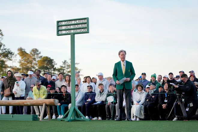 Augusta National Golf Club Chairman Fred Ridley speaks before the honorary starters tee off during the first round of the Masters Tournament at Augusta National Golf Club.